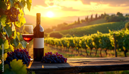 Tuscany vineyard at golden hour featuring a rustic table with chianti wine and purple grapes in a romantic oil painting style generative AI