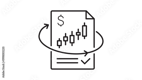 Derivatives Trading Editable Stroke Vector Icon. Minimalist black line illustration of a financial document with candlestick chart, dollar sign, and circular arrow on a white background.