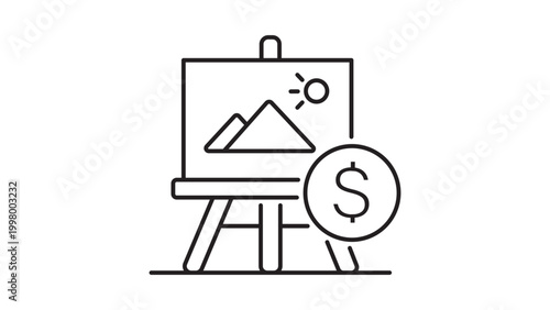 Art Investment Minimalist Black Line Vector Icon of a Painting on an Easel with a Dollar Sign Coin, Representing Fine Art Valuation and Auction Sales, Editable Stroke Illustration on White.