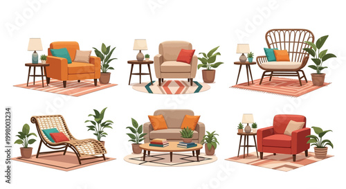 A collection of brightly colored and comfortable living room furniture arrangements with potted plants