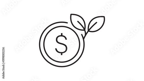 Dividend Coin Minimalist Black Line Vector Icon on White Background Representing a Coin with a Dollar Sign and Sprout, Editable Stroke Illustration for Financial Growth and Investment Concepts.