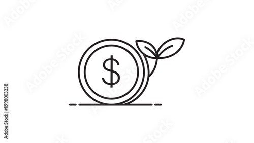 Minimalist Dividend Coin Vector Icon with Editable Stroke, Featuring a Dollar Sign and Sprout Representing Financial Growth, Investment, and Sustainable Wealth on a White Background.