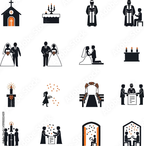 фотографія Set of black wedding and church ceremony icons showing bride groom priest and re