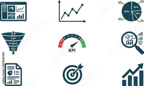 Set of business analytics and data performance icons including charts graphs funnel and kpi gauge