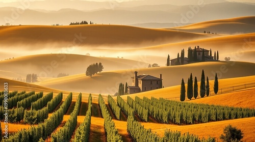 Golden Rolling Tuscany Hills with Cypress Trees and Farmhouse in Morning Mist