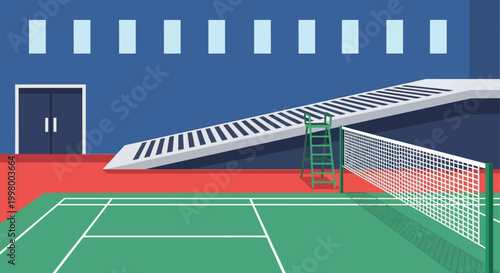 A brightly colored indoor badminton court features a ramp net and a minimalist architectural design