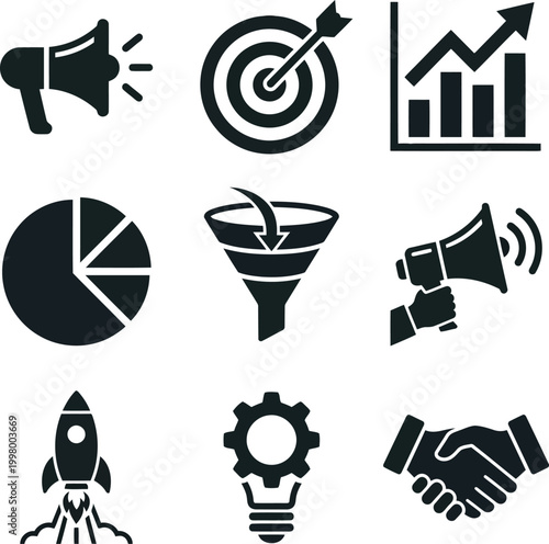 Set of black business and marketing icons including megaphone target growth chart funnel lightbulb and handshake symbols for digital strategy
