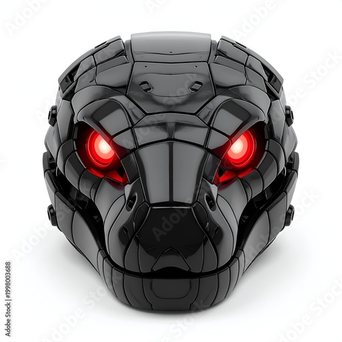 Menacing Robotic Snake Head with Glowing Red Eyes.