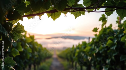 Dew-Covered Grapevines with Misty Vineyard Valley in Soft Sunrise Light