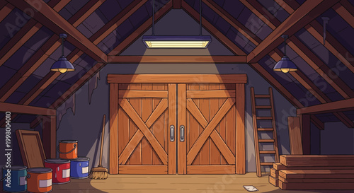 A rustic attic space features wooden beams a large double door and various stored items