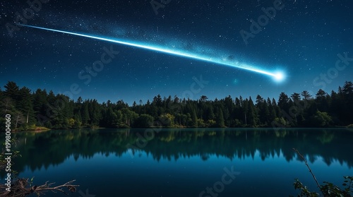 Bright Comet with Long Tail Streaking Across Starry Night Sky Reflected in Forest Lake