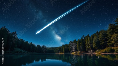 Bright Comet with Long Tail Streaking Across Starry Night Sky Reflected in Forest Lake