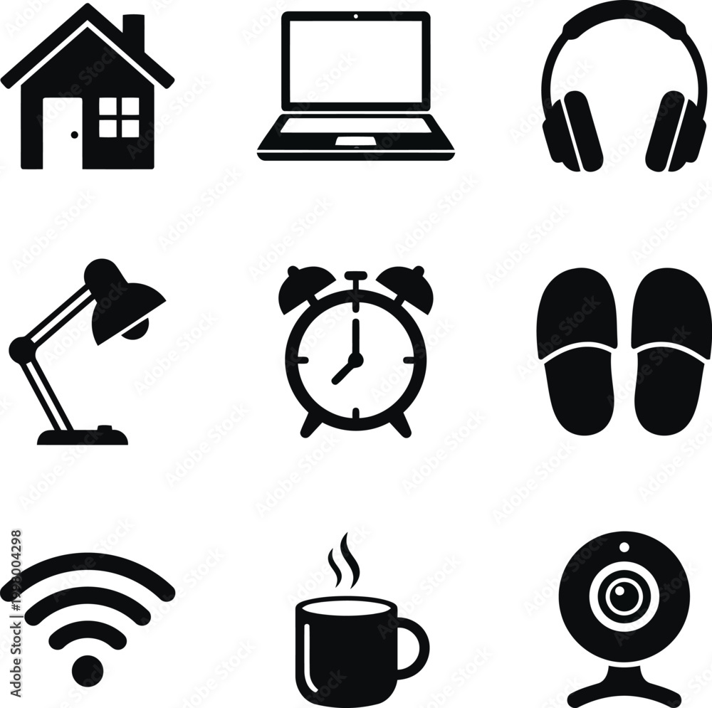 Fototapeta premium Set of simple black icons for home office lifestyle featuring house laptop headphones lamp alarm clock slippers wifi signal coffee cup and webcam