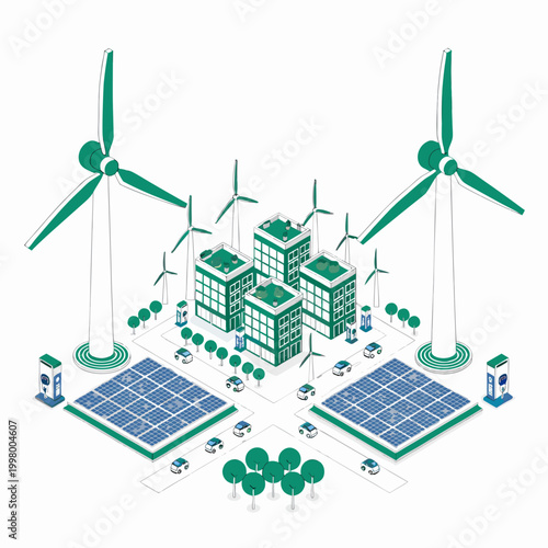 Isometric Sustainable Smart Eco Industrial Park Vector Illustration