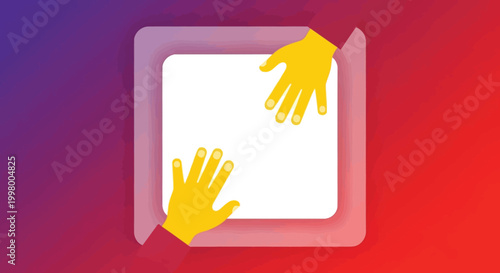Two golden hands reaching to pull apart a white rectangular shape against a vibrant gradient background