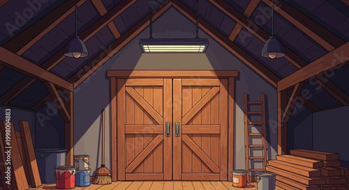 An illustrated attic scene featuring a wooden door stacked lumber and hanging light fixtures