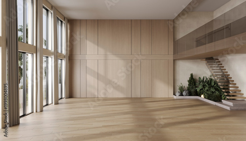 Bright spacious empty living room with wooden wall, large windows and staircase, modern interior, 3d rendering