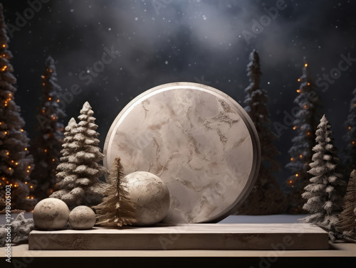 Generous podium display, wood Christmas tree background for product, Modern Christmas dark backdrop