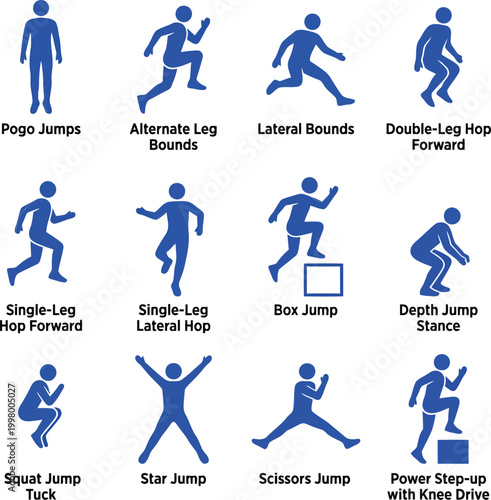 Set of blue fitness icons showing people performing different plyometric jumping exercises and athletic movements for sports training and health