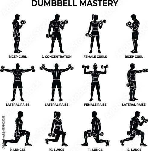 Set of human silhouette figures performing dumbbell exercise routines including bicep curls lateral raises and lunges for fitness training guide