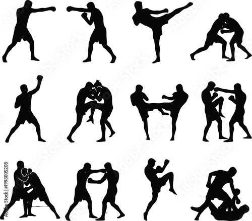 Set of black silhouettes of martial arts fighters doing boxing kickboxing and mixed martial arts moves in various action poses