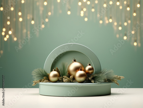 Wonderful podiums, Christmas display, Pastel green background, Gold Christmas ornament on tree branch