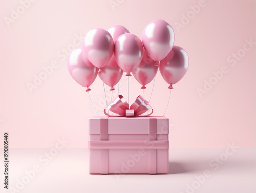 Wonderful Flying gift box with helium shiny balloons, Levitating pastel pink present black balloon