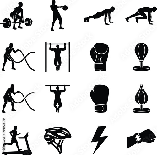 Set of black fitness and gym workout exercise icons featuring people training lifting weights boxing and running silhouettes