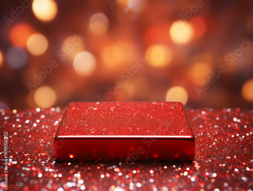 Generous Red glitter square photo with white copy space for text, Abstract shiny brocade , Christmas