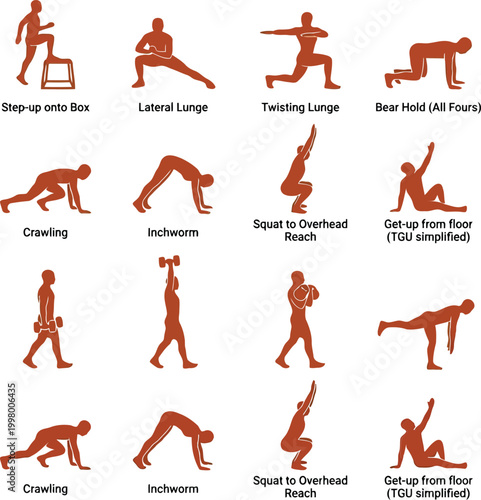 Set of human figures performing various functional fitness exercises and bodyweight movements for athletic training and workout routines