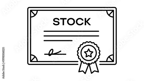 Tableau sur toile Stock Certificate Vector Icon with Editable Stroke; A Minimalist Black Line Illustration of a Framed Financial Document Featuring a Seal and Signature, Perfect for Business and Finance Design