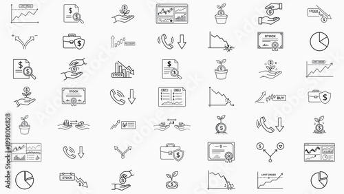 49 Financial Trading and Investment Vector Icon Set: Minimalist Black Line Icons for Stock Market, Growth, and Data Analysis with Editable Stroke, Customizable Line Weight, and Hand-Drawn Design.