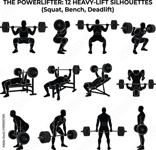 Set of twelve black silhouettes of a powerlifter doing heavy weight lifting exercises including squat bench press and deadlift with a barbell