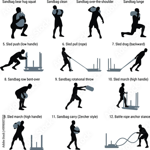 Set of silhouettes showing various functional fitness exercises with sandbags and weight sleds for strength and conditioning training