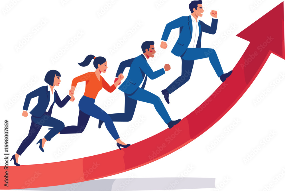 Fototapeta premium Illustration of Team Running Together Uphill Arrow Graphic Design Concept Success Growth