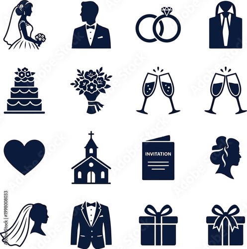 Set of wedding icons featuring bride groom rings cake bouquet champagne glasses church heart invitation and gifts for marriage ceremony