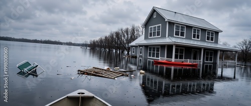 Flooded two-story house submerged in water with a red kayak on the porch. Floating debris and lawn chair viewed from a rescue boat under an overcast sky. Extreme weather and property damage