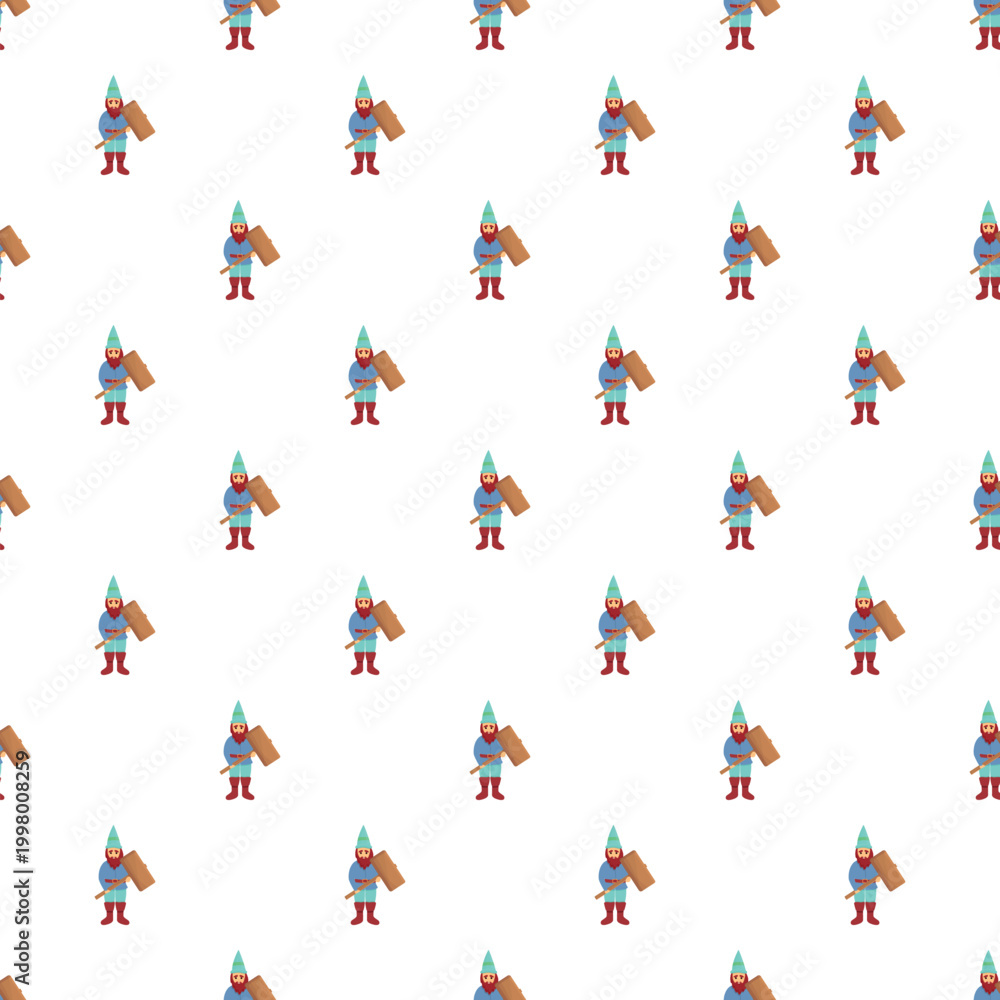 Fototapeta premium Repeating pattern of gnomes wearing blue attire and red boots, holding a wooden shield