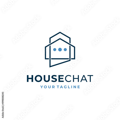 House Chat Logo Template with Chat Bubble and Roof Line Art