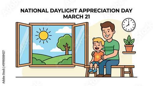 Father and son celebrate National Daylight Appreciation Day on March 21 by looking outside.