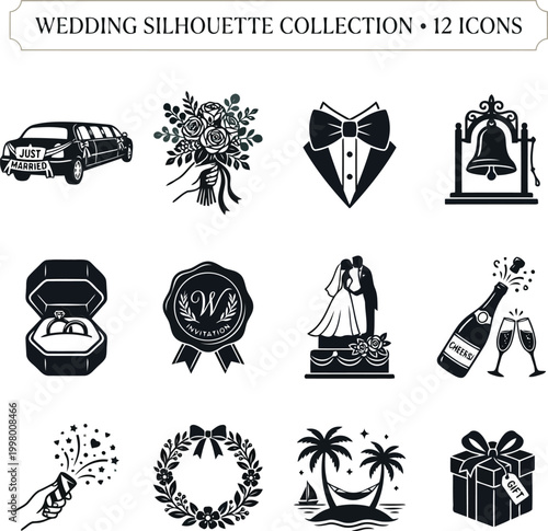 Set of twelve black wedding silhouettes and icons featuring rings bouquet limousine cake groom suit champagne and gift for celebration design