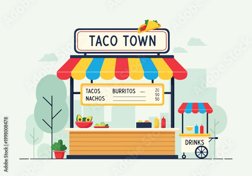 A colorful taco stand with a sign