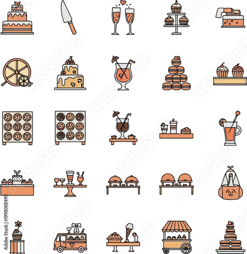 Set of colorful wedding catering food and drink icons featuring cakes cupcakes cocktails champagne macaroons and buffet service equipment