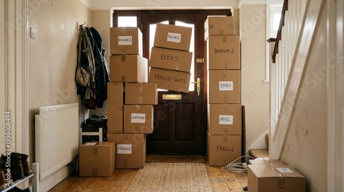 Stacked cardboard boxes blocking front door in home hallway  