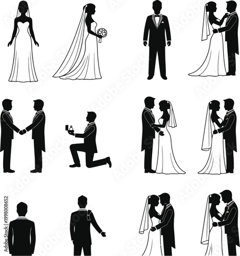 Set of black silhouettes of bride and groom in wedding poses isolated on white