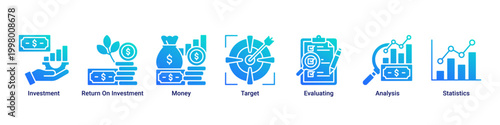 Investment Growth banner featuring investment,ROI,money,target,evaluating,analysis and statistics icons for financial success concept