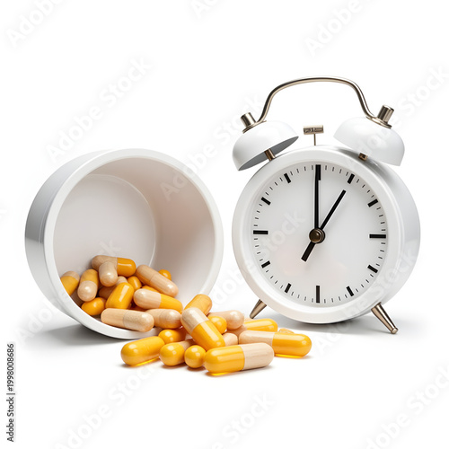 vitamin B capsules with alarm clock for morning energy routine concept