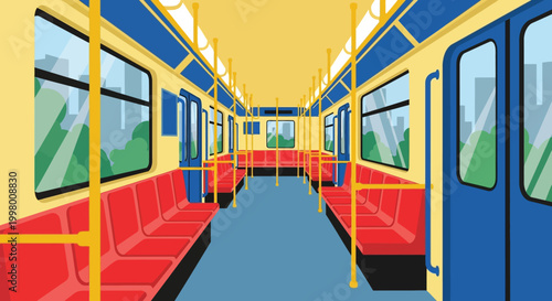 A brightly colored stylized illustration depicts the interior of an empty subway car with red seats