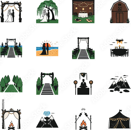 Set of wedding ceremony and event venue icons showing bride and groom arches altars and reception decorations in a flat vector style