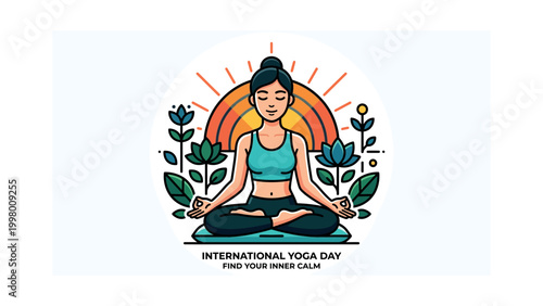 Woman meditates in lotus position on yoga mat surrounded by plants on International Yoga Day